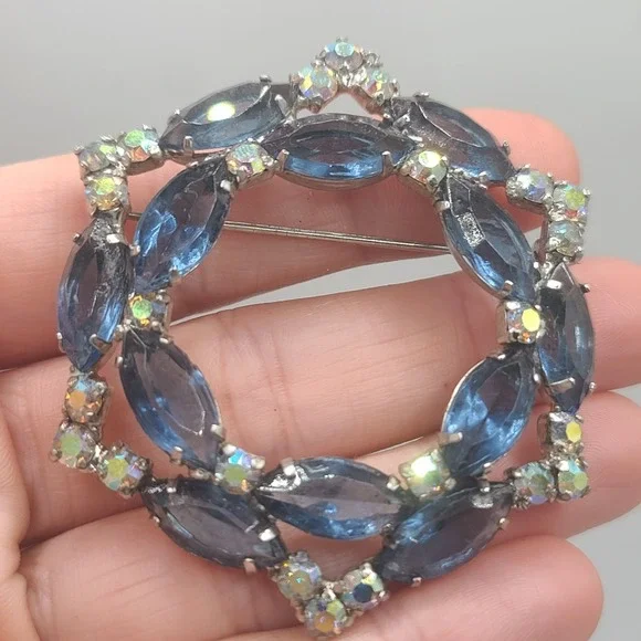 Vintage‎ Rhinestone Brooch Blue AB Open Back